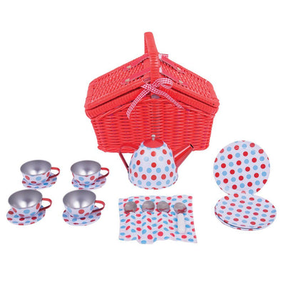 This metal spotted tea set from Bigjigs is the perfect toy set for encouraging imaginative playtimes for young children. Complete with a red wicker hamper and features 4 cups and saucers, plates, spoons, and a teapot. Perfect for imaginary tea parties! Suitable for children 3 and up. Dottie and Bee - Olney, Buckinghamshire 