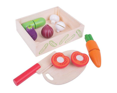The wooden toy food cutting sets from Bigjigs are a must have for any children's kitchen range. This vegetable crate features 7 wooden vegetables held together with velcro, a wooden chopping board and knife, and a crate to hold them in. Suitable for children 18 months and up. Dottie and Bee - Olney, Buckinghamshire