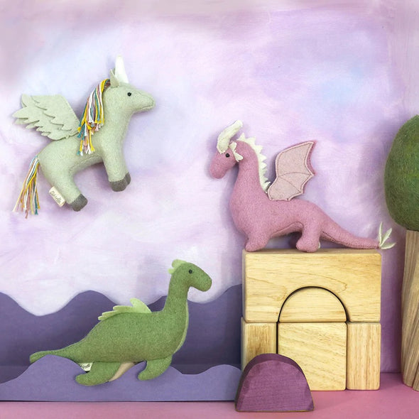 These Holdie Magical Creatures from Olli Ella are a must have for any mythical fantasy lover. Made using a soft wool blend, this set features a pale green Unicorn, purple Dragon, and a Green Loch-Ness Monster! Small enough to fit into any backpack, these creatures are ready for any adventure! Dottie and Bee - Olney, Buckinghamshire 